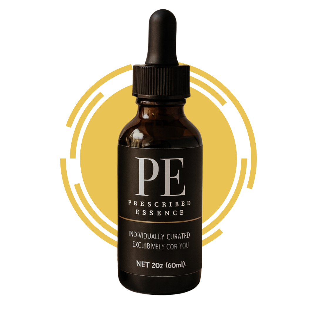 Black Prescribed Essence mailer boxes with dropper bottles on grey stone