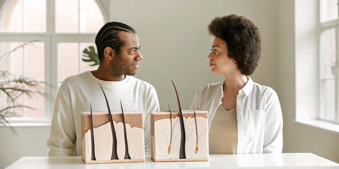 Clinical illustration explaining DHT and hair loss in men and women