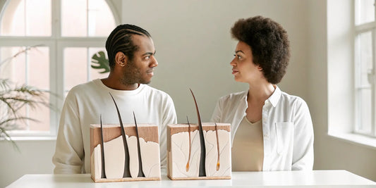 Clinical illustration explaining DHT and hair loss in men and women