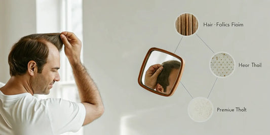 Man assessing his receding hairline with a clinical follicle motif