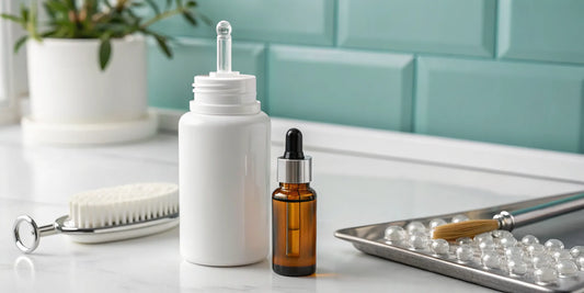 A selection of hair loss medication treatments, including bottles and a topical applicator.