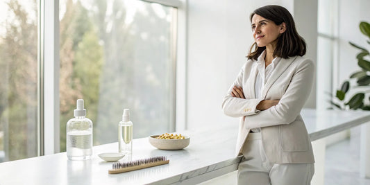 Woman with hair care products for a routine on how to grow hair faster.