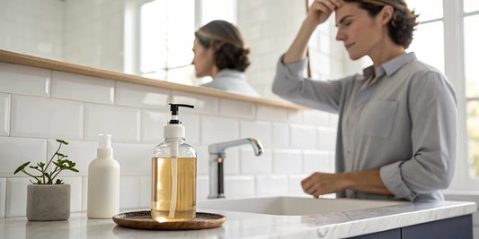 Woman looking in a mirror, concerned about how to prevent hair loss.