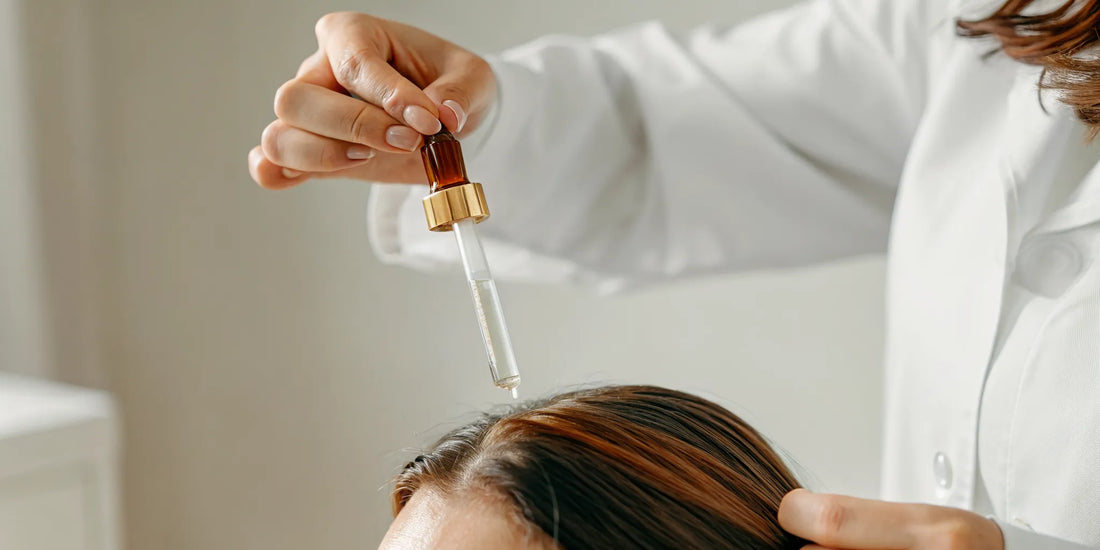 Close-up of a healthy scalp with a dropper applying serum in a clinical setting