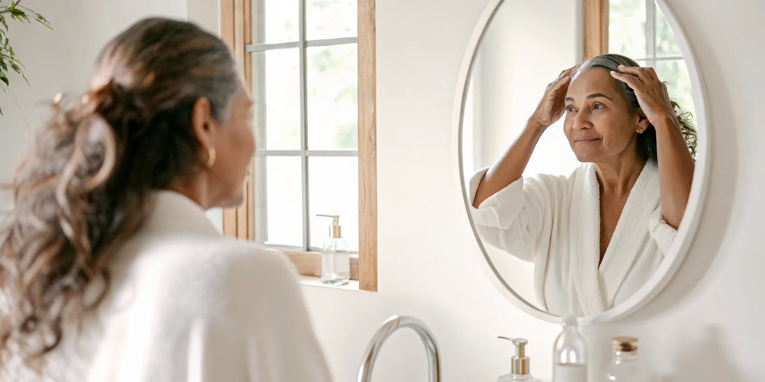 Midlife woman considering menopause hair loss treatment
