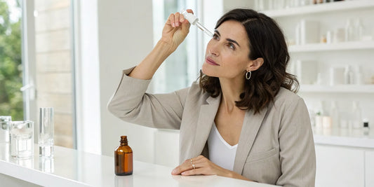 Woman applying minoxidil for women's hair loss with a dropper.