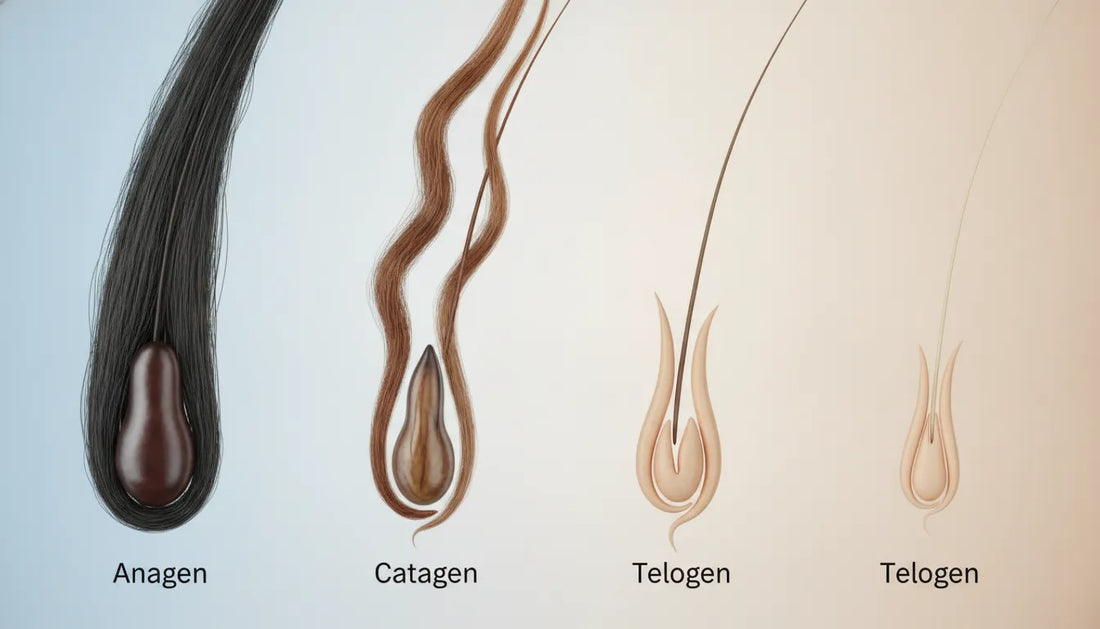 Illustration of hair follicles moving through growth cycle phases