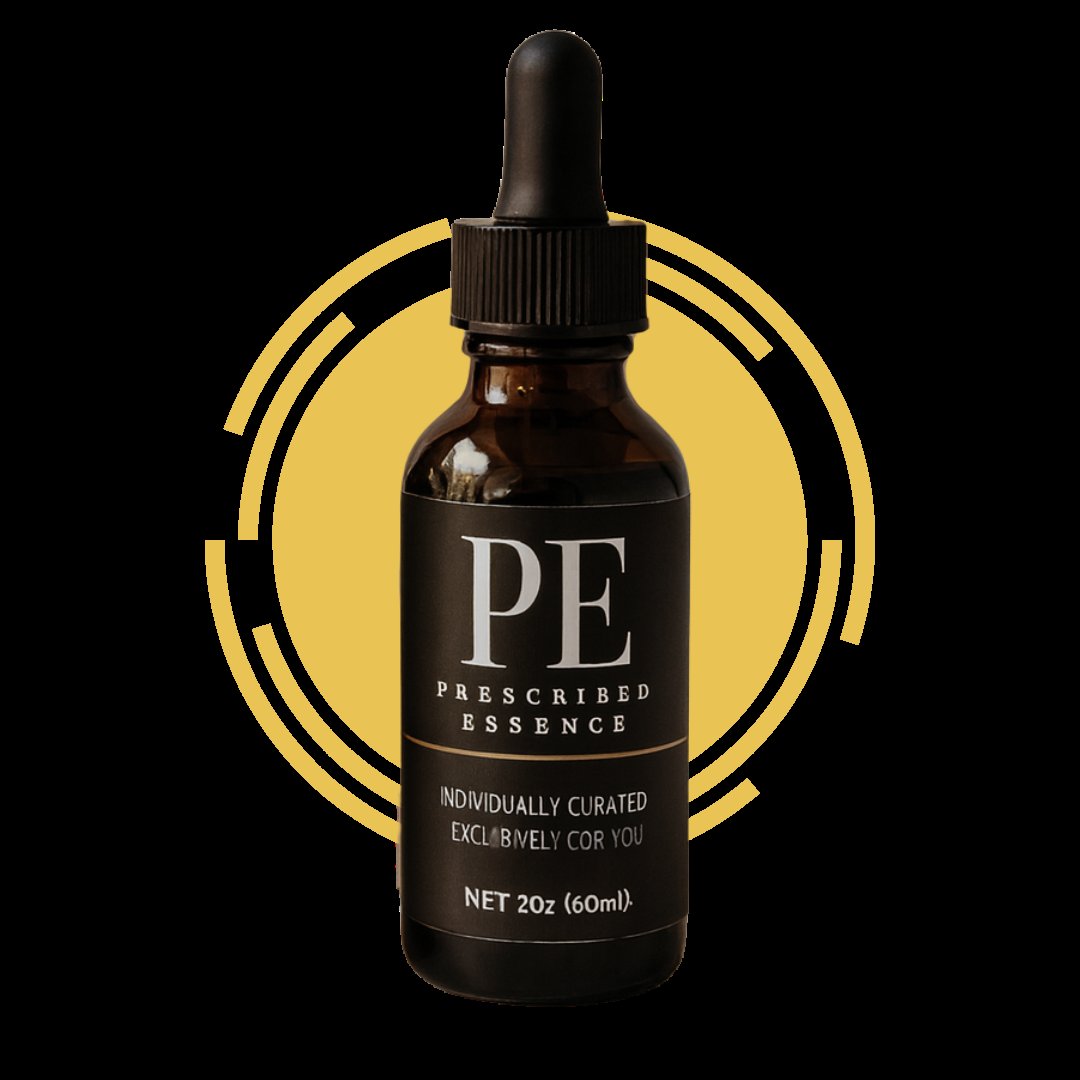 Prescribed Essence dropper bottle on a gold circle