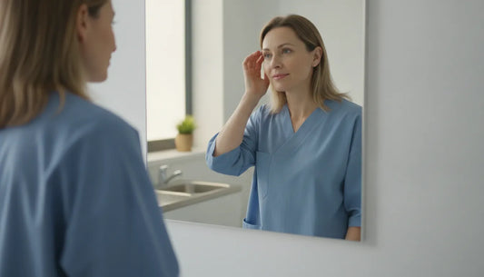 Woman examining a receding hairline in women at her temples