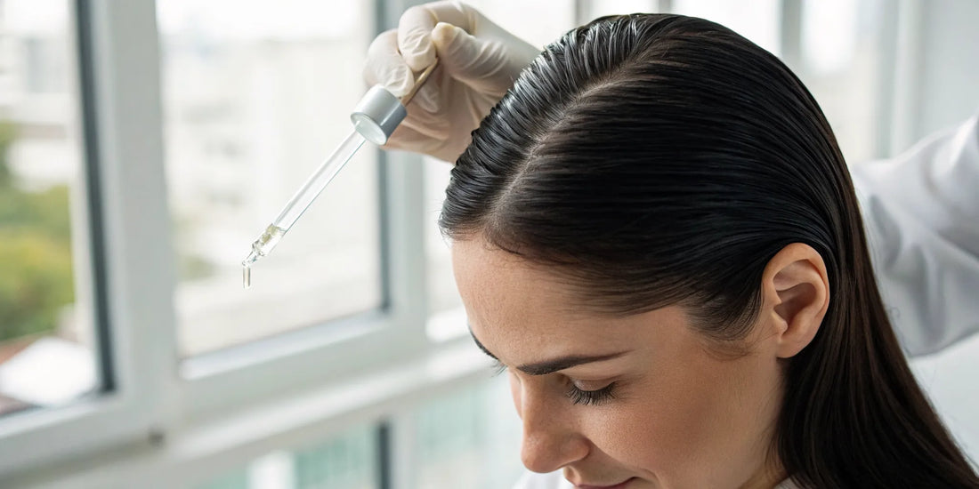 A dropper applying a scalp treatment serum directly to a hair part.