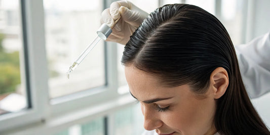A dropper applying a scalp treatment serum directly to a hair part.