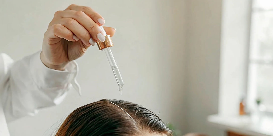 Dropper applying topical hair growth serum to a clean scalp