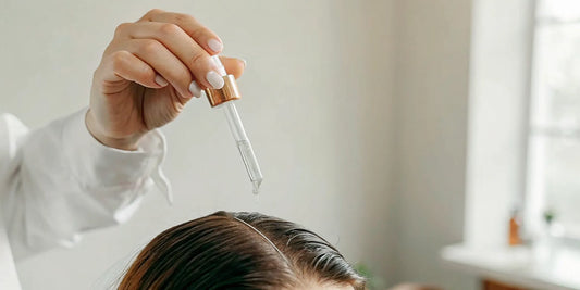 Dropper applying topical hair growth serum to a clean scalp