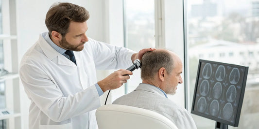 Trichologist examining a man's scalp for hair loss.