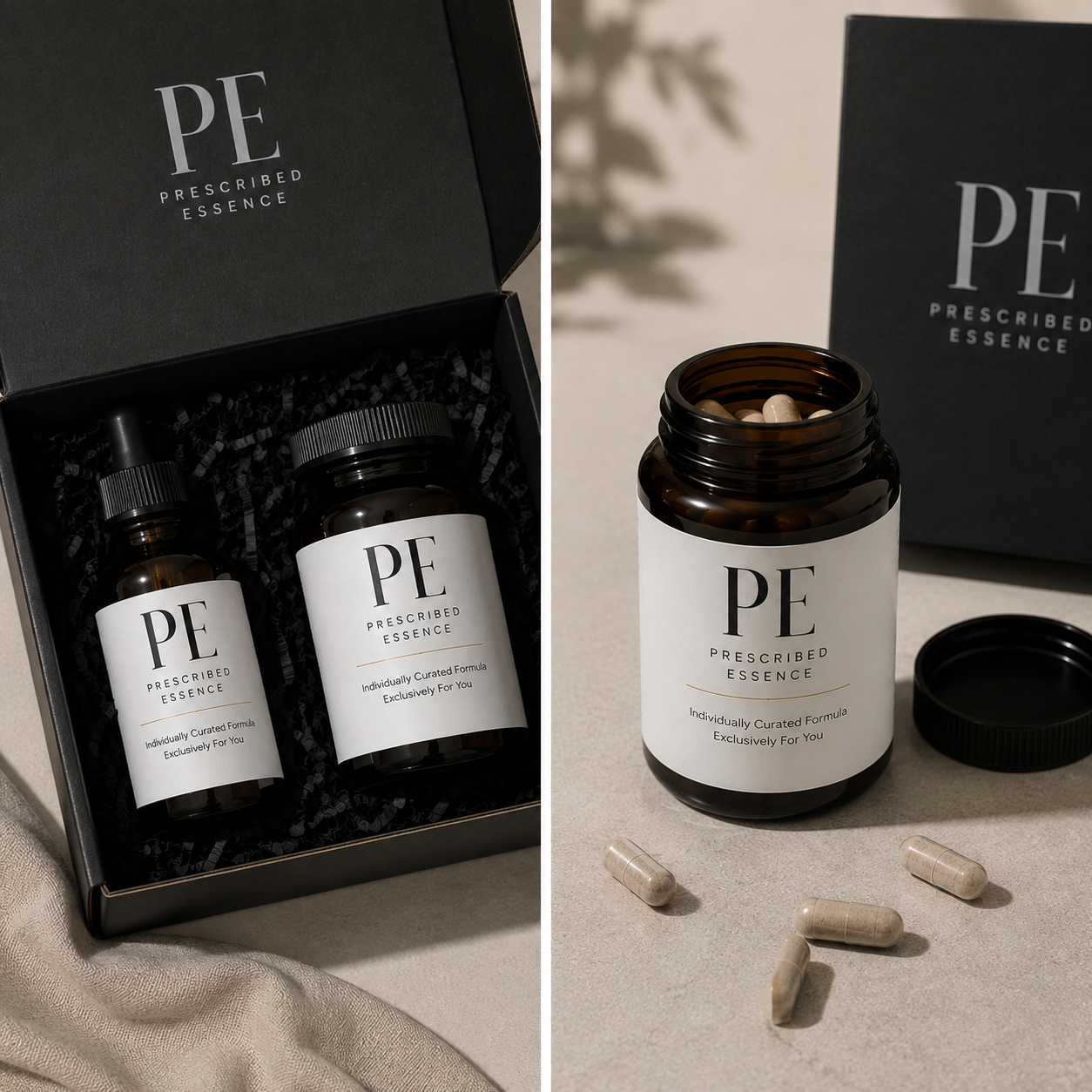 Two amber glass supplement bottles with white labels and black caps from Prescribed Essence, shown in a black presentation box on the left and open on a neutral surface on the right, with capsules scattered around.

